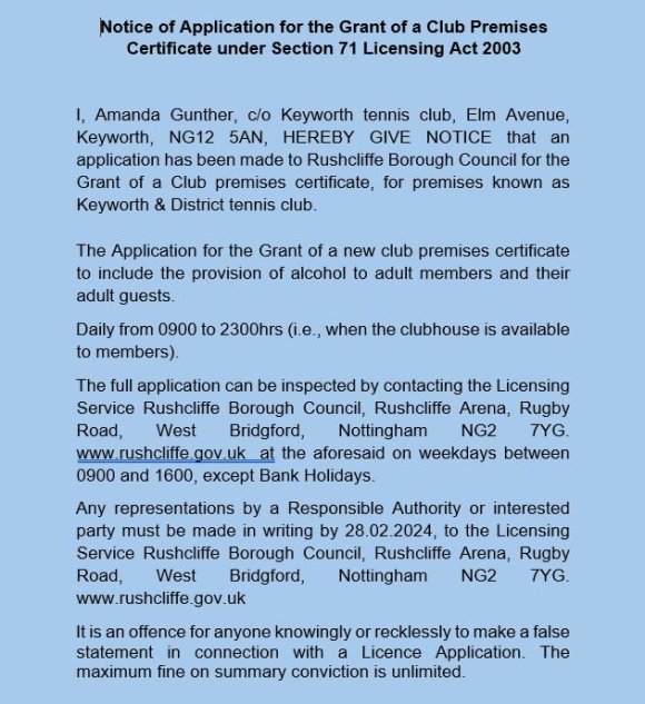 Notice of application for the grant of a club premises certificate.